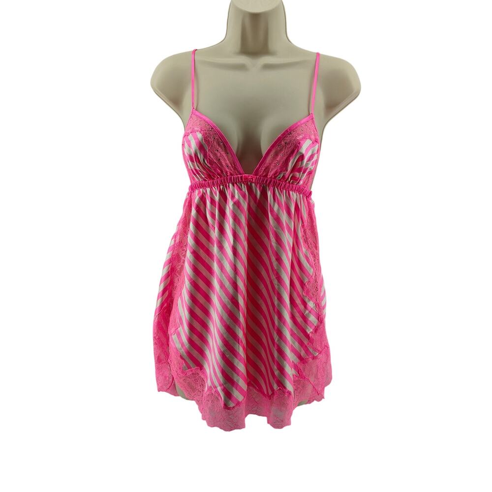 Victoria Secret Satin Sleepwear Neon Pink Rhinestone Babydoll String Bikini M